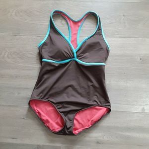 Tiderunner color block brown teal swim suit 14 racerback one piece nylon blend